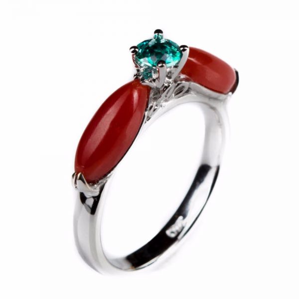 White Gold | Coral | Green Topaz Ring Online from Kajal Naina