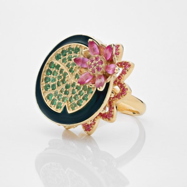 Gold | Tsavorite Lotus | Flower Ring online from Kajal Naina