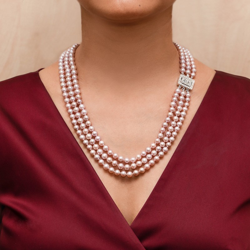 Kamala 3 Strands Lavender Round Pearl Necklace