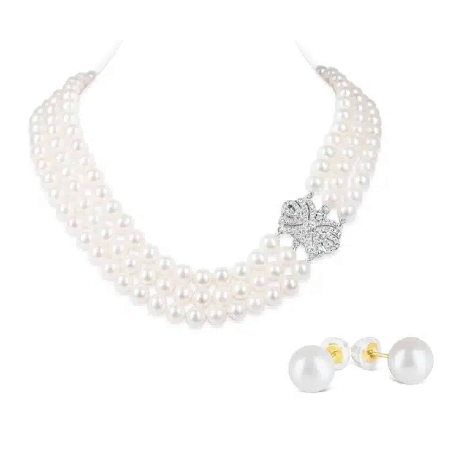 Joyce 3 Strands Round Pearl Necklace & Ear Studs Set
