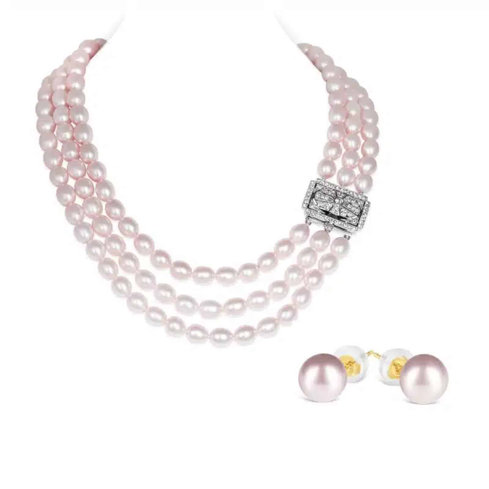 Victoria 3 Strands Lavender Oval Pearl Necklace & Ear Studs Set