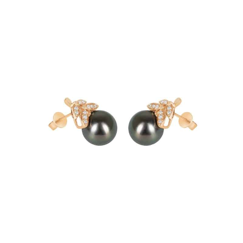Double Diamond Leaf Tahitian Pearl Earrings