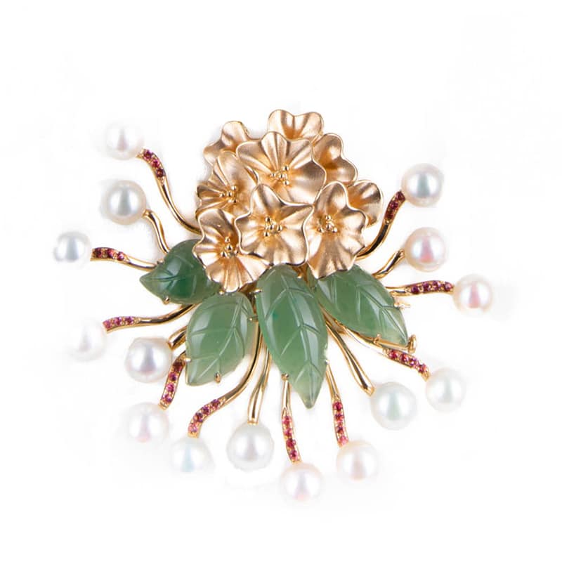 Mountain Beauty Laligurans Pendant/ Brooch with Pearl splash ( Gold Flower/ Green leaf )