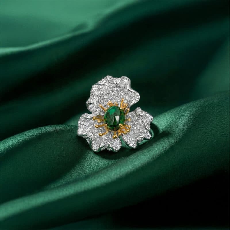 Exquisite Silver Pave Emerald Flower Ring – KN (Adjustable)