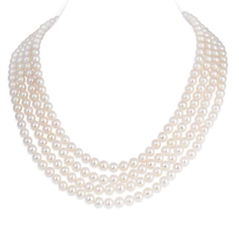 4 Strands Round Pearl Necklace with Silver Clasp