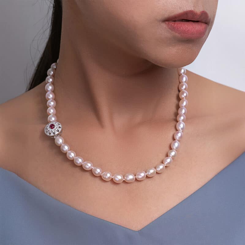 Bella Lavender Oval Pearl Necklace / Ruby Clasp / 23 Inches