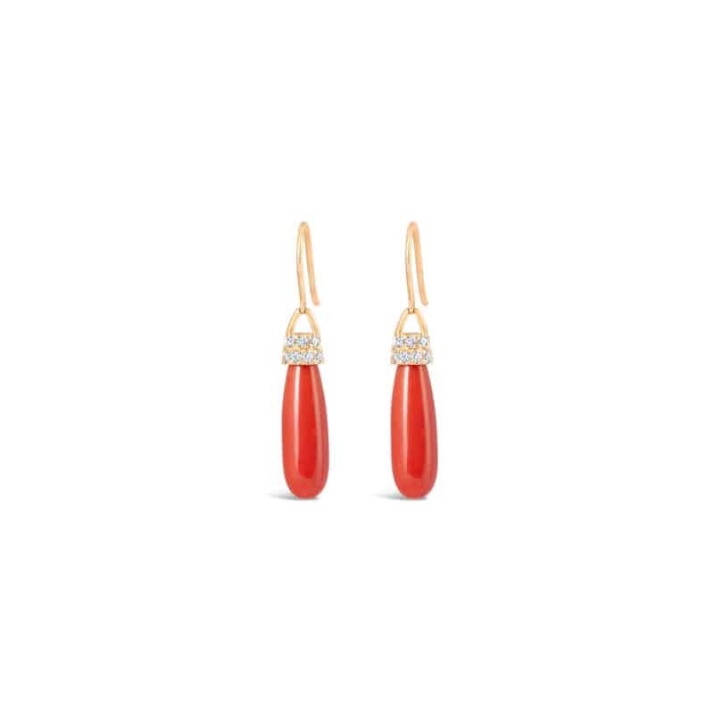 Coral and Diamond Drop Earrings 14K