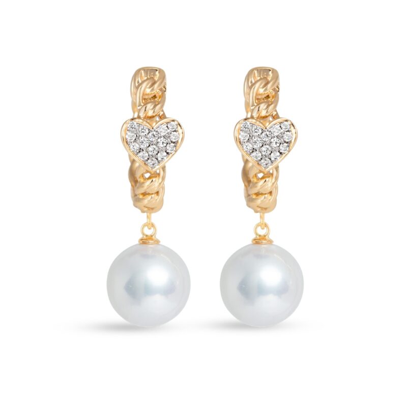 Diamond Heart Huggies with Pearl Drop