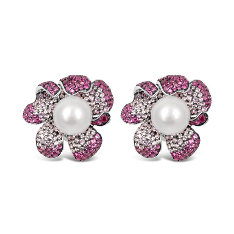 Exquisite Silver Pave Ruby & Sapphire Pearl Earrings - KN