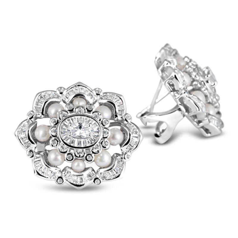 Exquisite Silver Pave Greta Pearl Earrings - KN