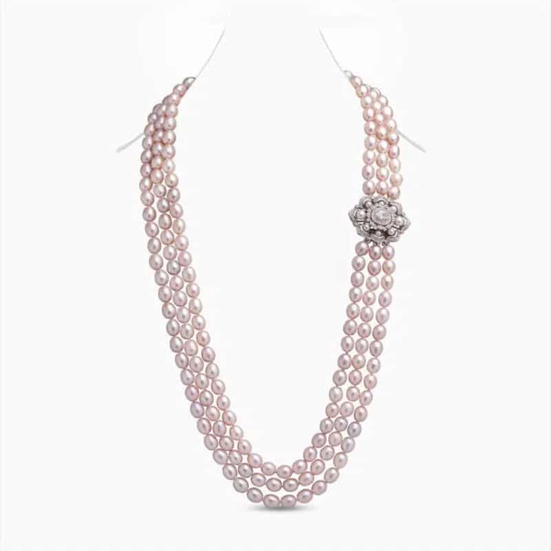 Greta 3 strand Lavender Oval Pearl necklace/ Diamond 26 inches