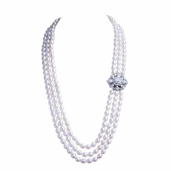 Greta 3 strand Oval Pearl necklace/ Diamond 26 inches
