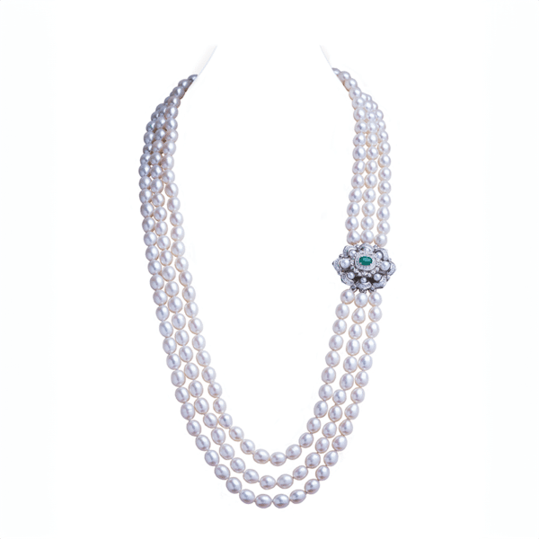 Greta 3 strand Oval Pearl necklace/ Emerald 26 inches