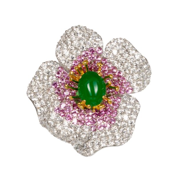 Exquisite Silver Pave Pink & Green Flower Ring  - KN (Adjustable)