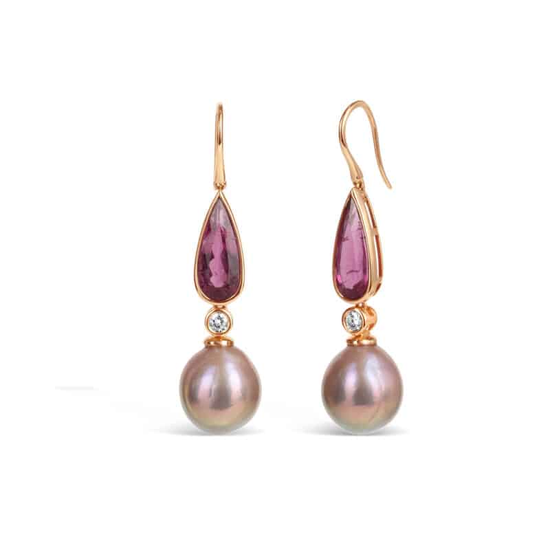 Kelly Rubellite and Diamond Drop Edison Pearl Earrings