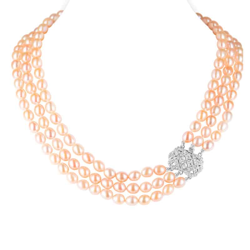 Marie 3 Strands Lavender Peach Oval Pearl Necklace