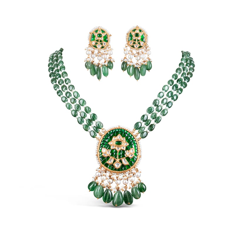 Noor Green Long Necklace + Earring Polki Set B