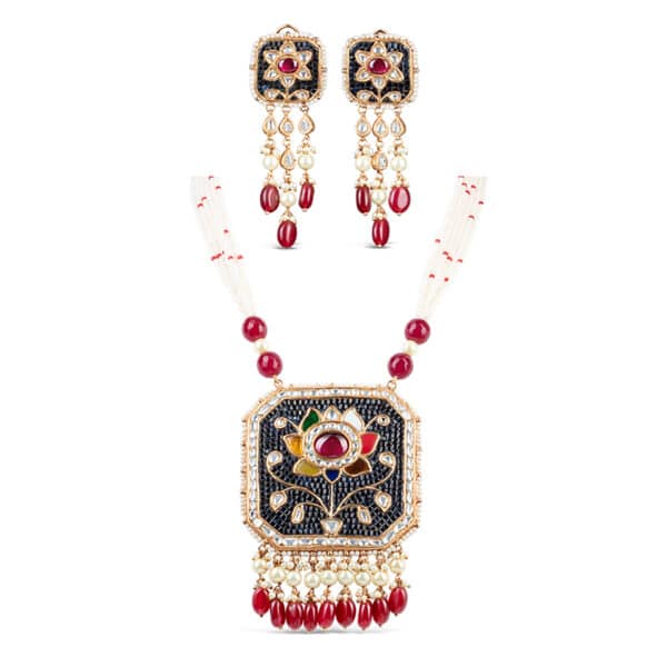 Noor Red Long Pearl Necklace + Earring Polki Set G