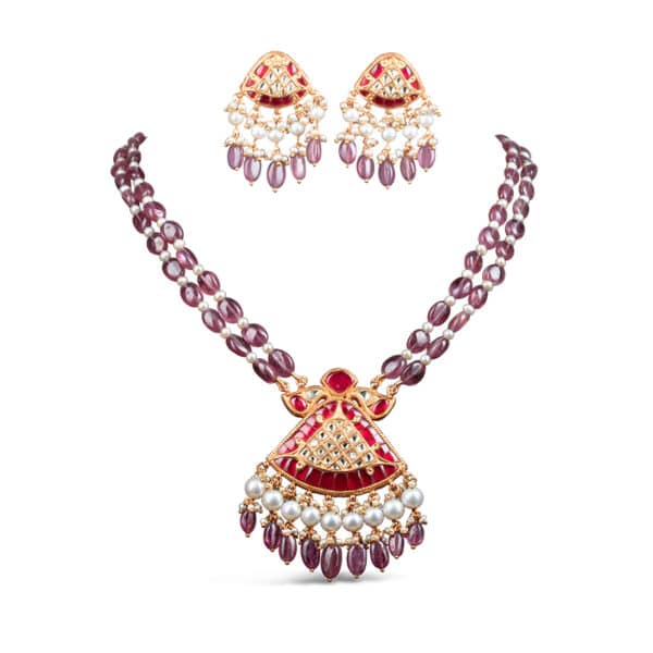 Noor Red Long Necklace + Earring Polki Set E