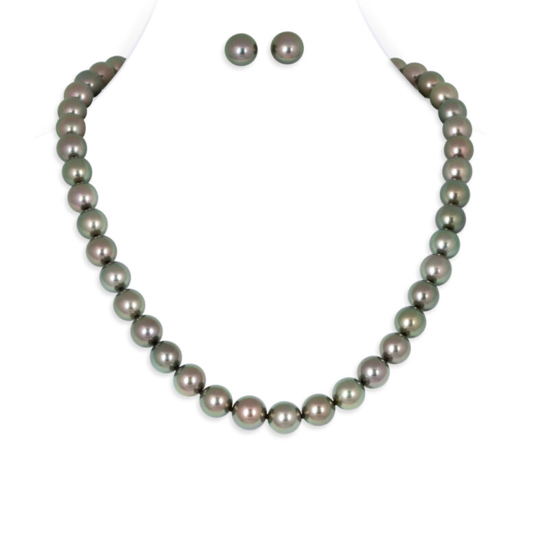 Tahitian Round Pearl Necklace & Studs Set 1 (Silver Clasp)