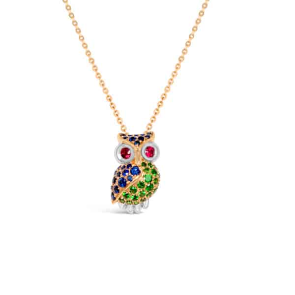The Seeker Owl Pendant (Blue Sapphire & Tsavorite)