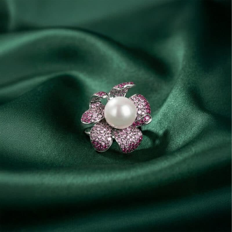 Exquisite Silver Pave Ruby & Sapphire Pearl Ring - KN (Adjustable)