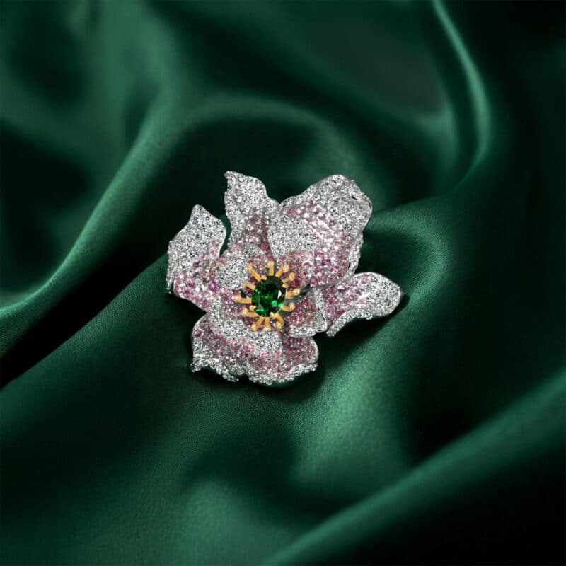 Exquisite Silver Pave Pink & Green Flower Brooch / Pendant- KN