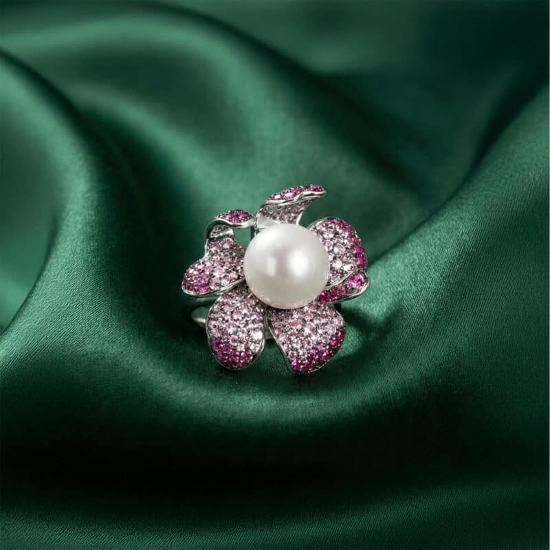 Exquisite Silver Pave Ruby & Sapphire Pearl Ring - KN (Adjustable)