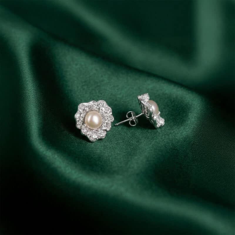 Exquisite Silver Pave Flower & Pearl Earrings - KN