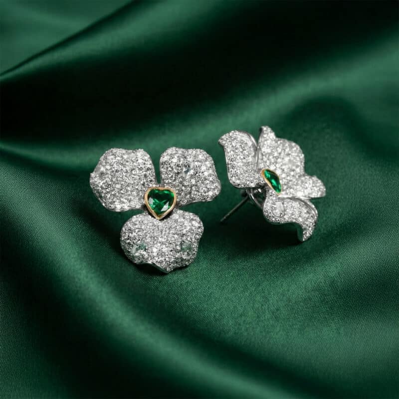 Exquisite Silver Pave Emerald Heart Earrings - KN
