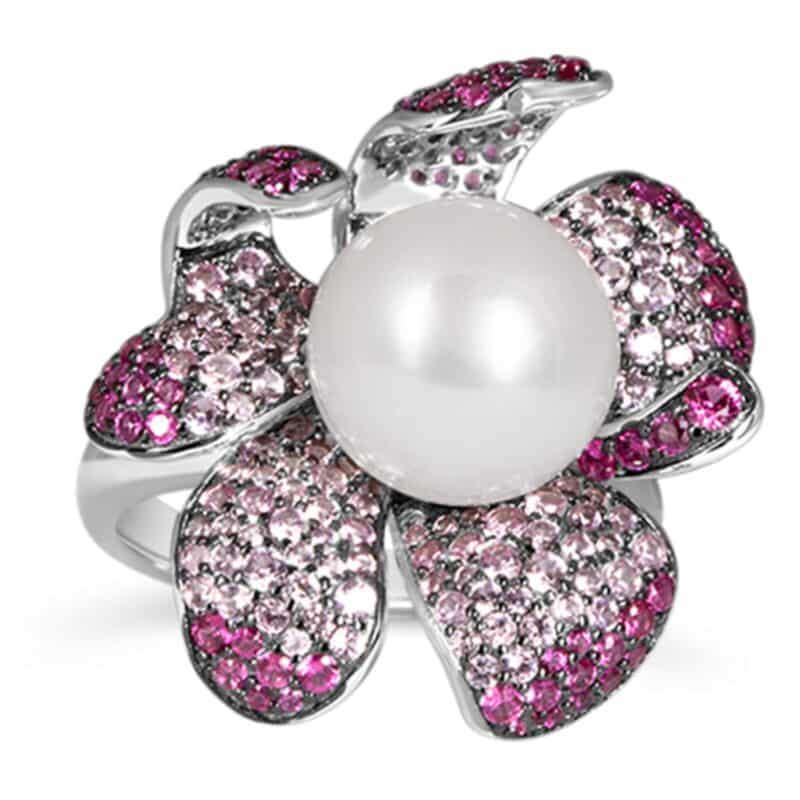 Exquisite Silver Pave Ruby & Sapphire Pearl Ring - KN (Adjustable)