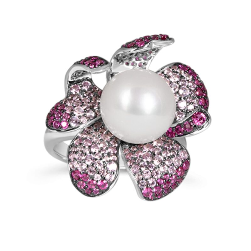 Exquisite Silver Pave Ruby & Sapphire Pearl Ring - KN (Adjustable)