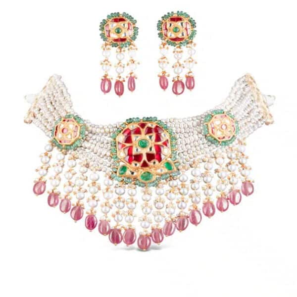 Zeenat Red Choker + Earring Polki Set A