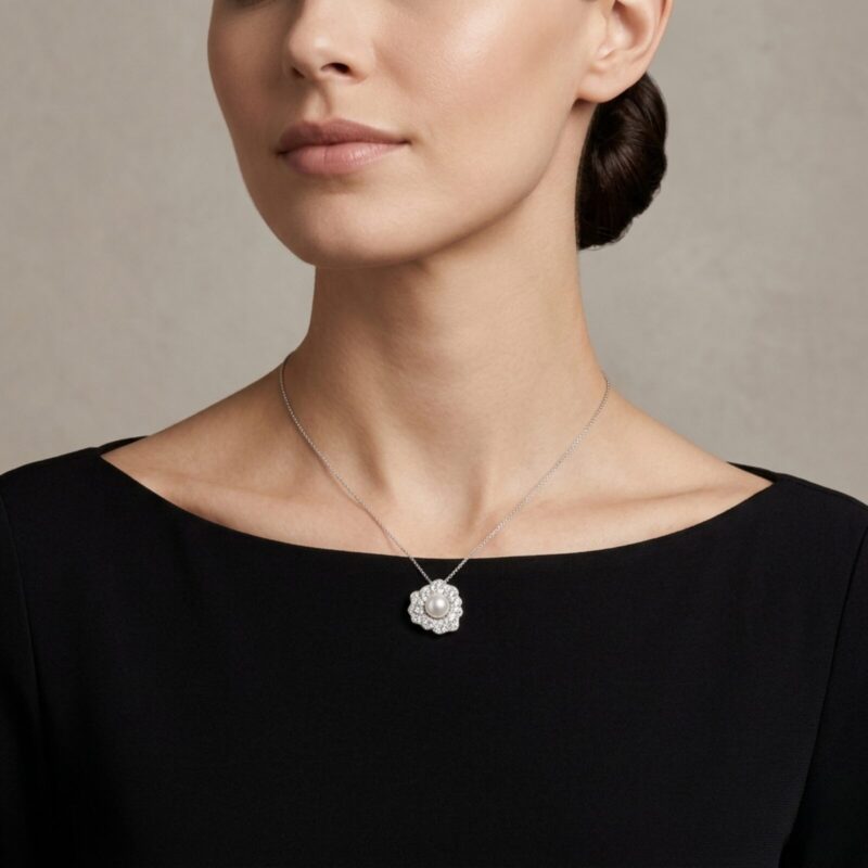 Exquisite Silver Pave Flower & Pearl Pendant