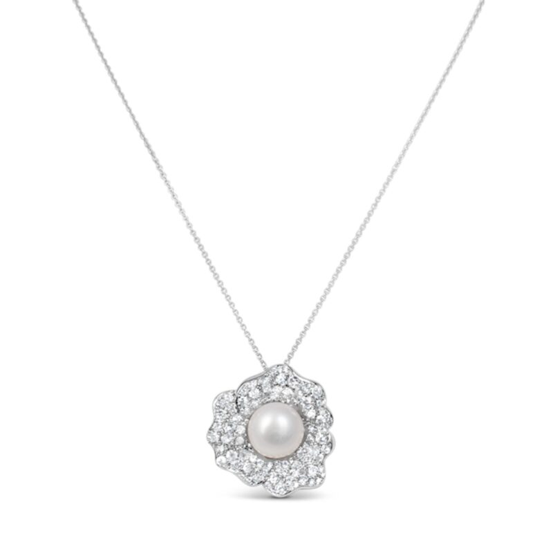 Exquisite Silver Pave Flower & Pearl Pendant