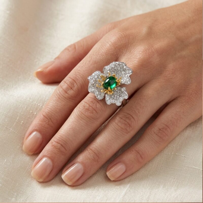 Exquisite Silver Pave Emerald Flower Ring – KN (Adjustable)