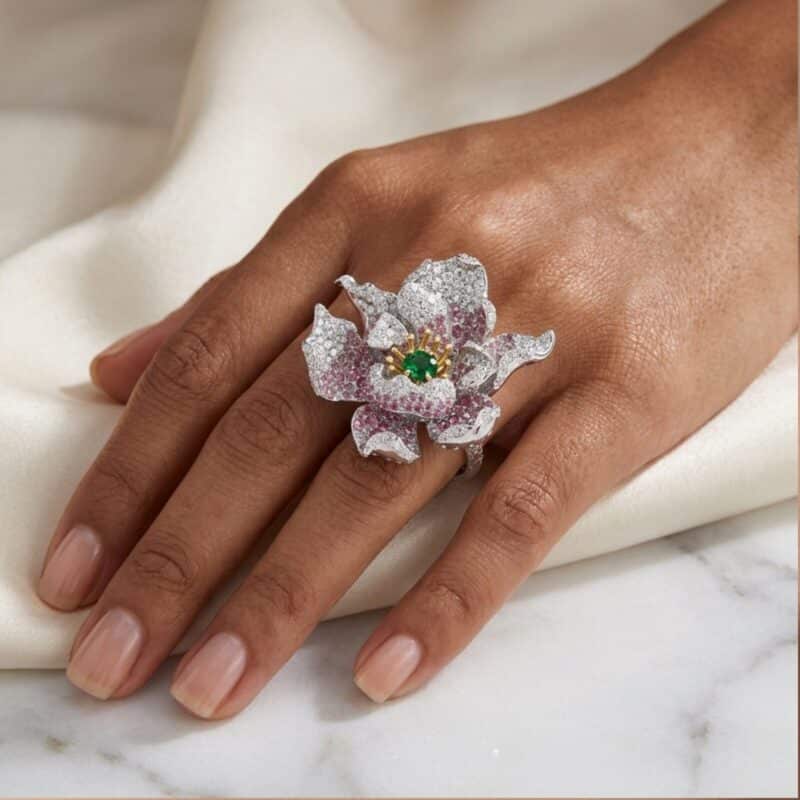 Exquisite Silver Sapphire Emerald Flower Ring – KN (Adjustable)