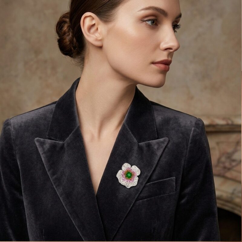 Exquisite Silver Pave Pink & Green Flower Brooch / Pendant- KN