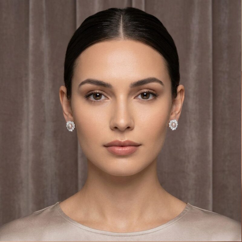 Exquisite Silver Pave Flower & Pearl Earrings - KN