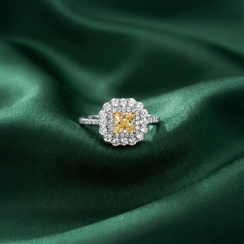 Elegant Yellow centre with Double halo Silver Ring
