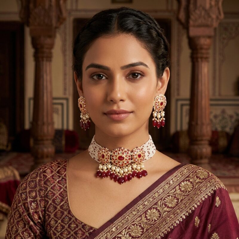 Zeenat Red Choker + Earring Polki Set B