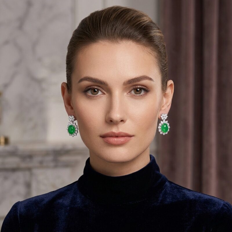 Elegant Jade Stud drop and CZ Halo Silver Earrings
