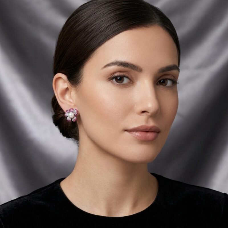 Exquisite Silver Pave Ruby & Sapphire Pearl Earrings - KN