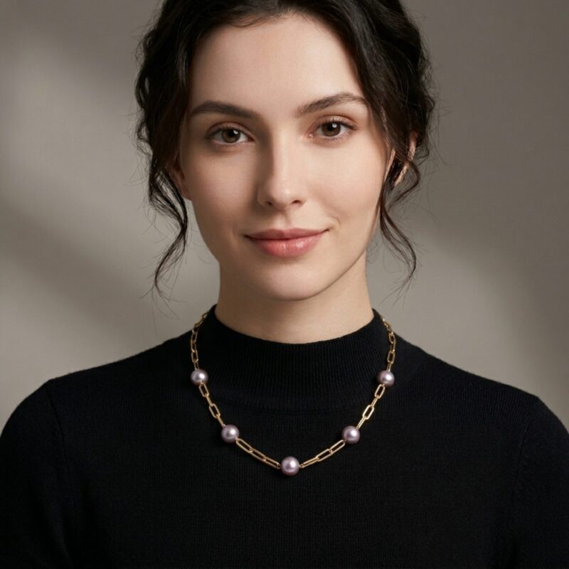 Paperclip Station Pearl Necklace - 16 inches- Lavender Edison