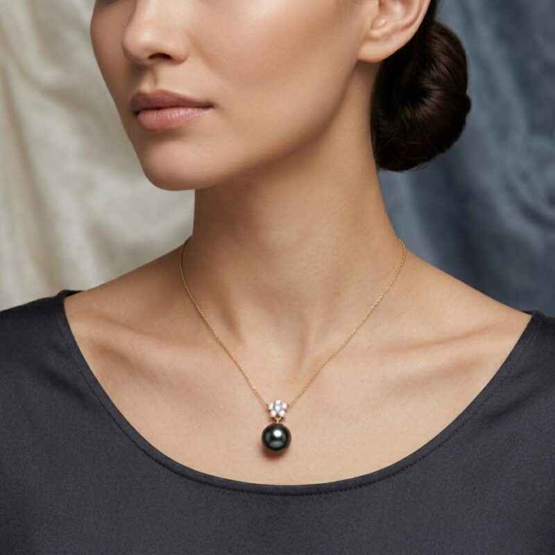 Diamond Flower Tahitian Pearl Necklace