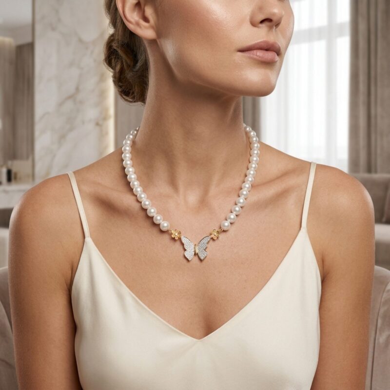 Asha Butterfly Near Round Pearl Necklace