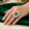 Exquisite Silver Pave Pink & Green Flower Ring  - KN (Adjustable)