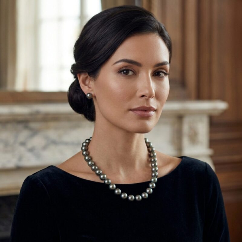 Tahitian Round Pearl Necklace & Studs Set 1 (Silver Clasp)