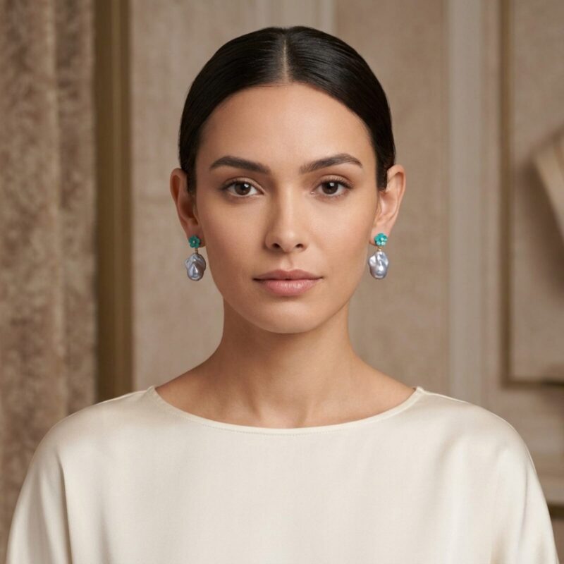 Green Flower Baroque Pearl drop Earrings