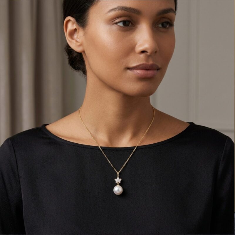 Diamond Flower and Pearl Pendant
